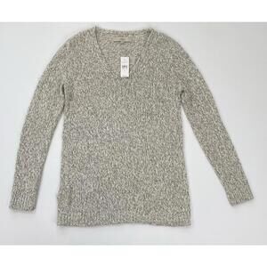 NWT LOFT V Neck Cable Gray Heather Cotton Blend Knit Sweater Women’s Small